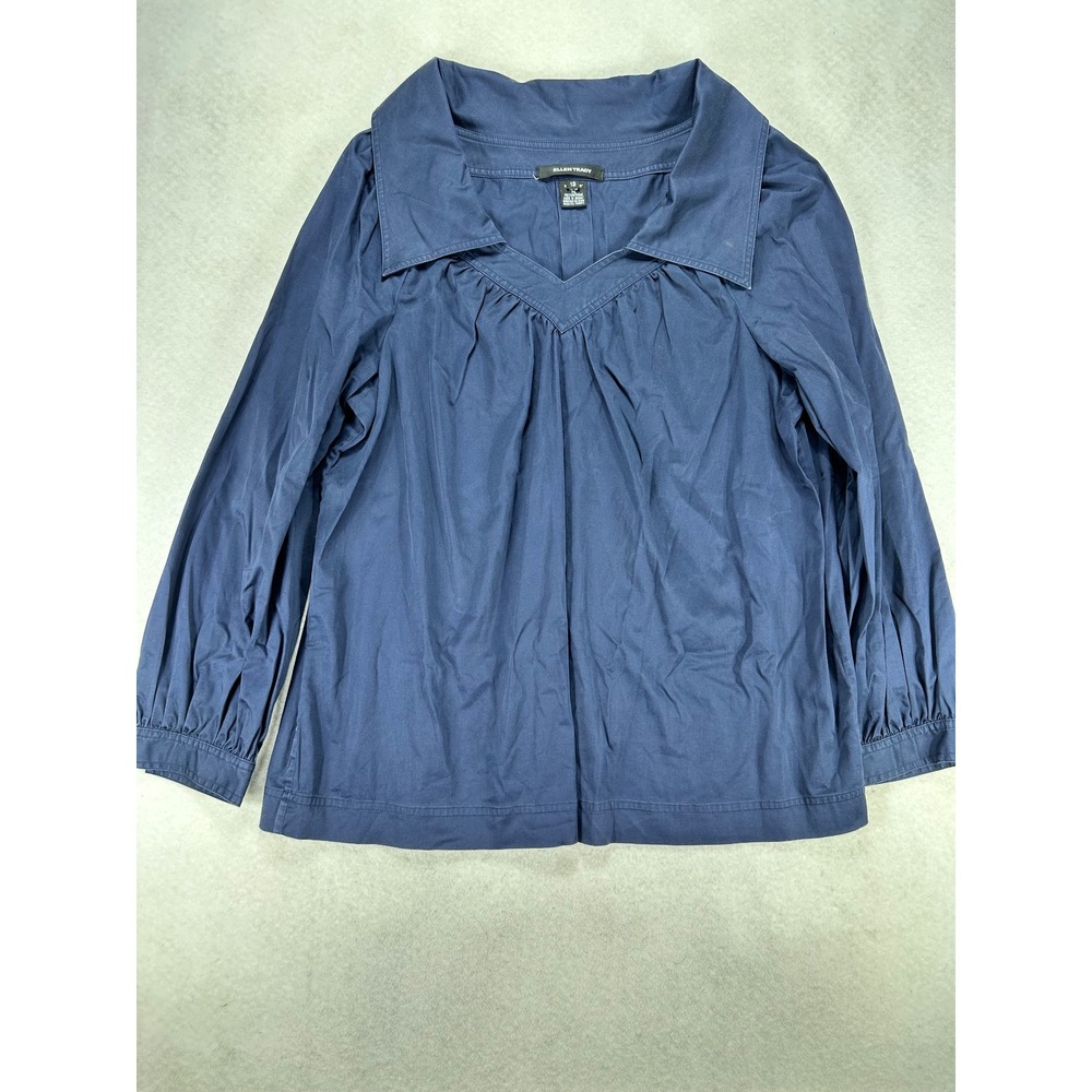 Ellen Tracy Womens Navy Blue V-Neck Blouse Size 12 Long Sleeve Cotton Stretch